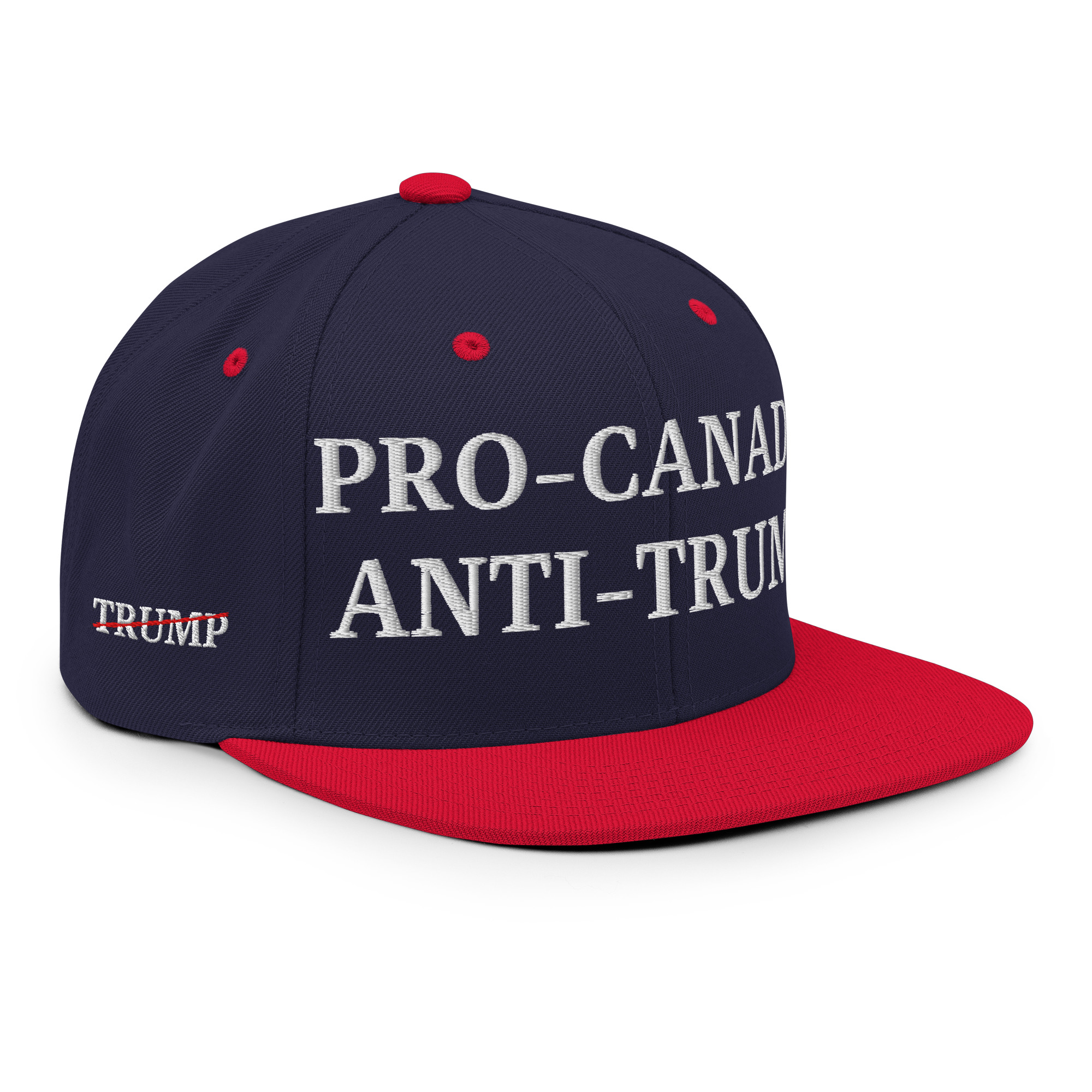 PRO-CANADA ANTI-TRUMP Canada Flag Trump Strikethrough Snapback Hat - Image 12