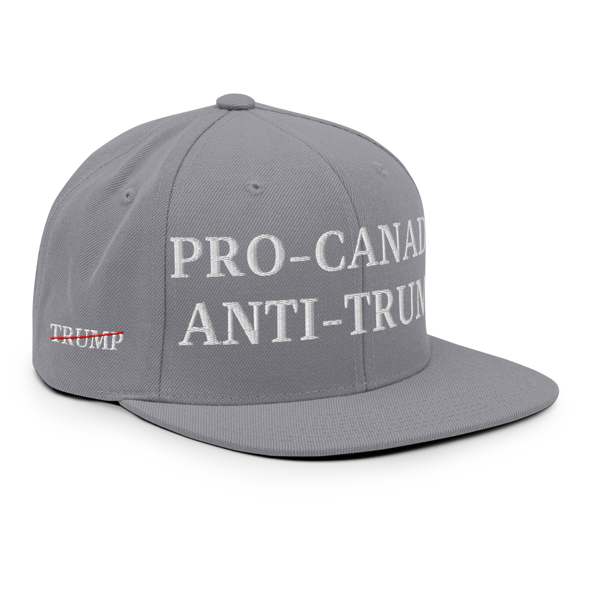 PRO-CANADA ANTI-TRUMP Canada Flag Trump Strikethrough Snapback Hat - Image 17