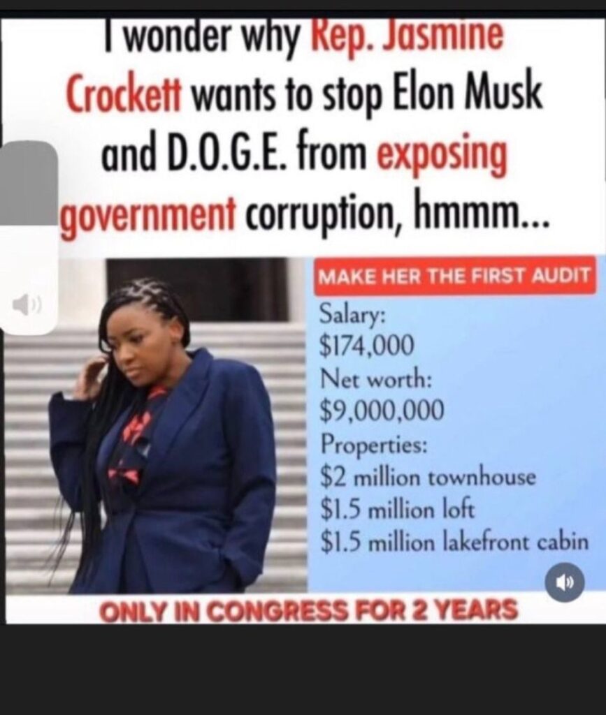 Millionaire US Congress Rep. Jasmine Crockett wants to stop Elon Musk and DOGE from exposing government corruption