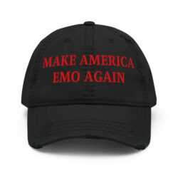 MAKE AMERICA EMO AGAIN (in red font) Distressed Dad Hat