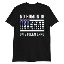 NO HUMAN IS ILLEGAL ON STOLEN LAND | USA Flag T-Shirt