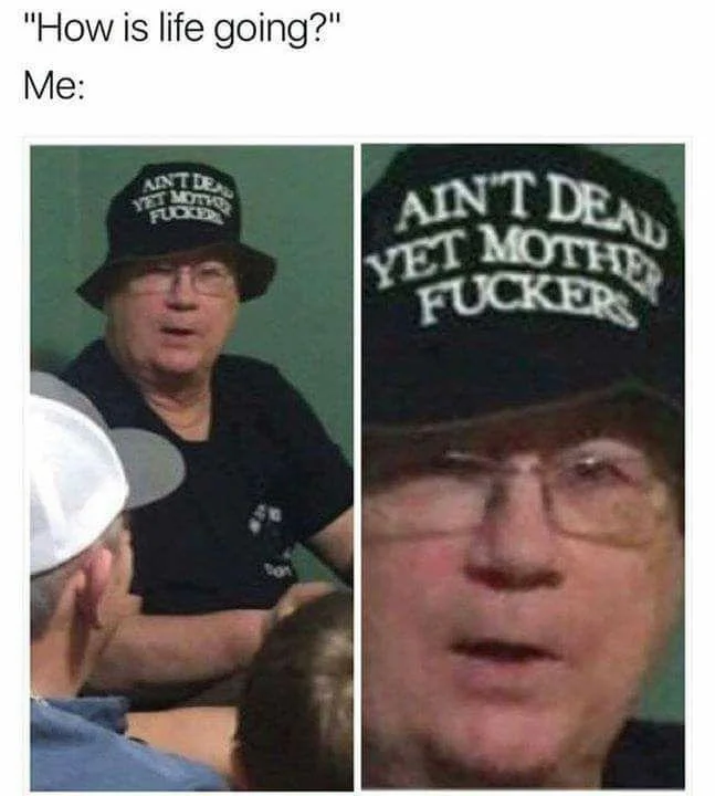 How is life going - Ain't Dead Yet Mother Fucker best hat ever meme