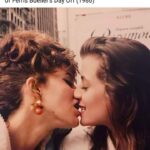 Jennifer Grey kissing Mia Sara behind the scenes of Ferris Bueller's Day Off (1986)