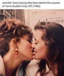 Jennifer Grey kissing Mia Sara behind the scenes of Ferris Bueller's Day Off (1986)