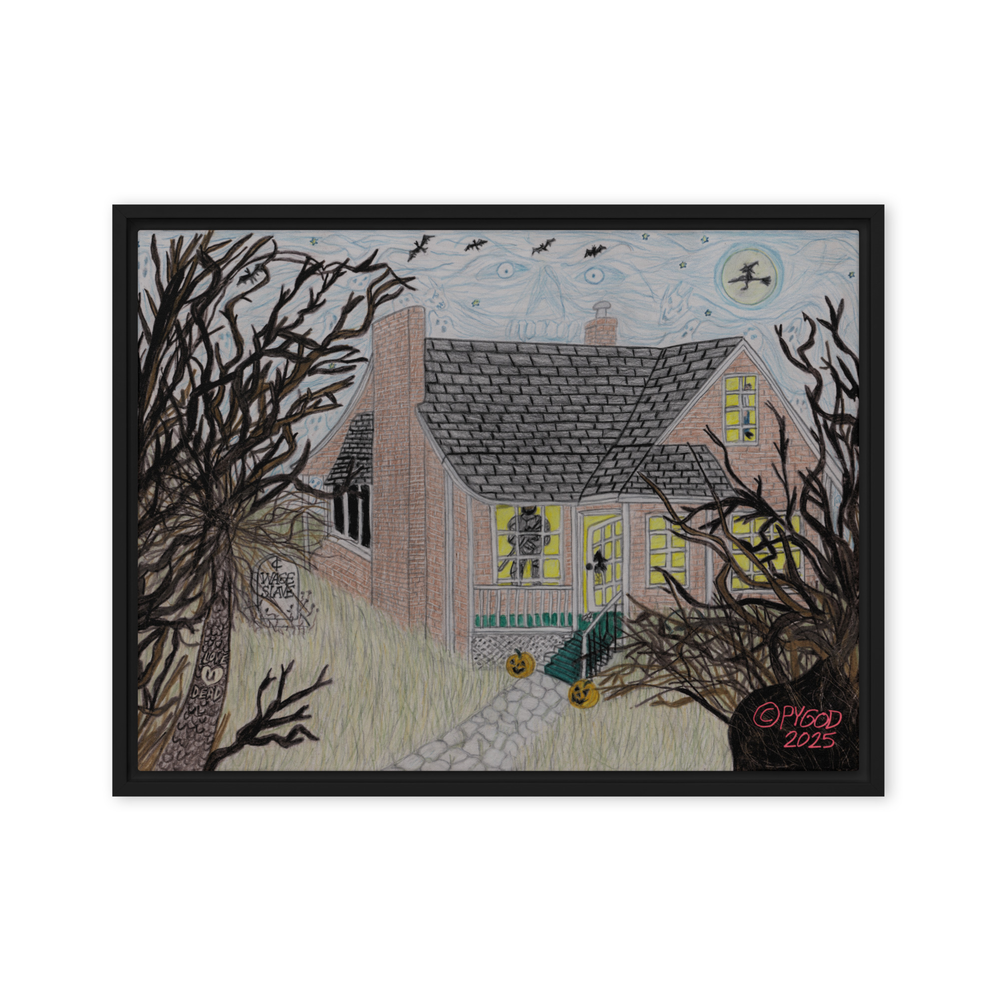 Halloween Cottage Framed Canvas Print (32″x24″) Ready to Hang