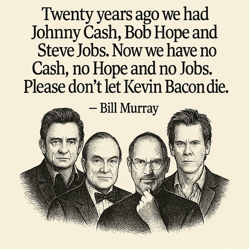 “Twenty years ago we had Johnny Cash, Bob Hope and Steve Jobs. Now we have no Cash, no Hope and no Jobs. Please don’t let Kevin Bacon die.” — Bill Murray