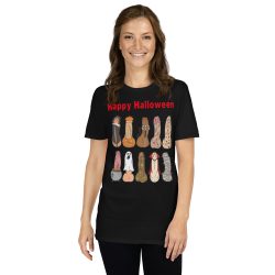 Alternative view of Happy Halloween Dick T-Shirt (red font version)